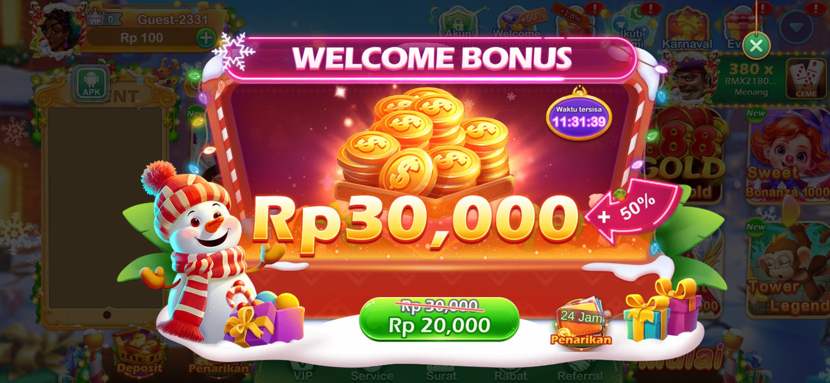 Bonus selamat datang Dot K3K3 8 512 dengan diskon spesial untuk pengguna baru.