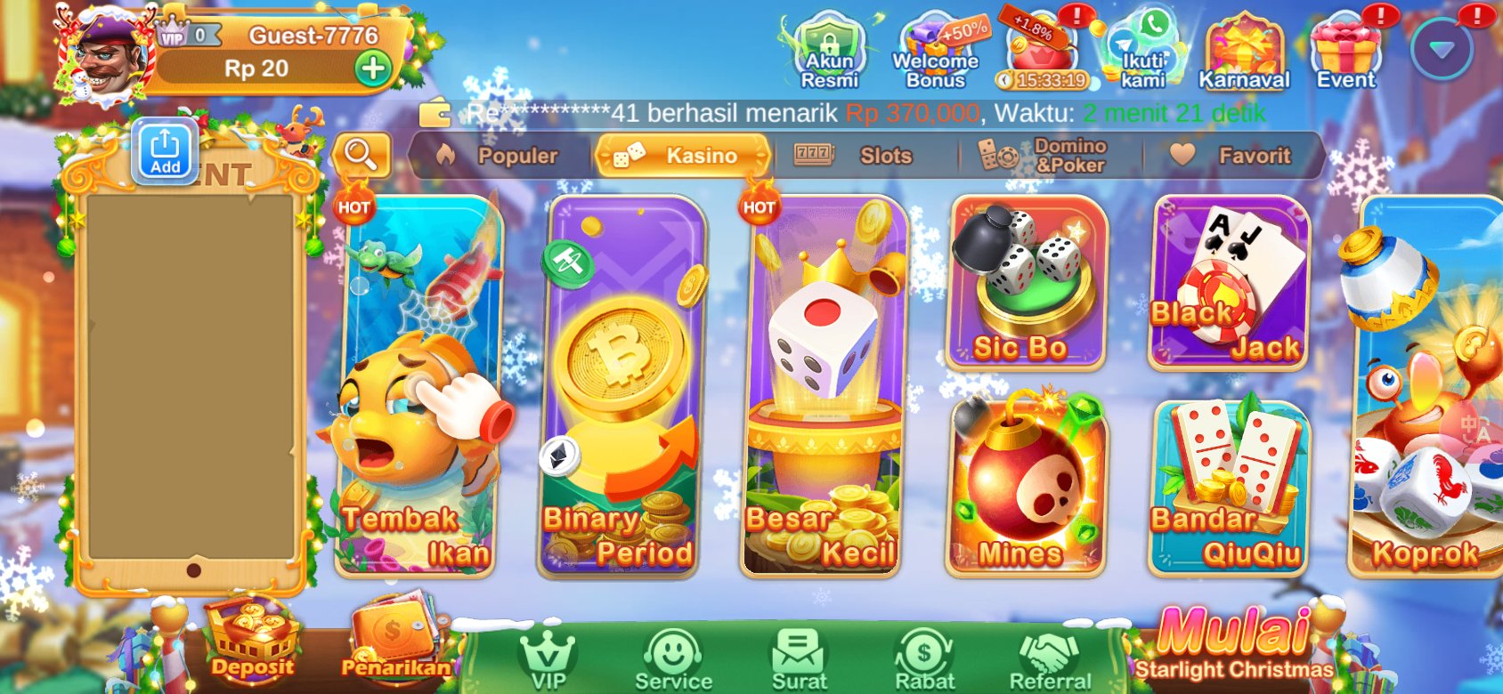 Game kasino populer seperti Tembak Ikan dan Sic Bo tersedia di Dot K3K3 8 512.